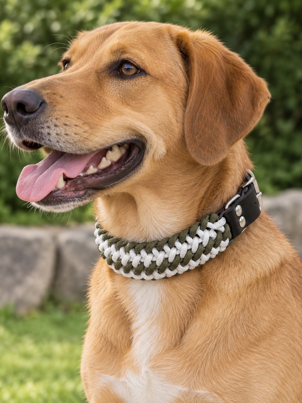 Handmade Olive & White Paracord Dog Collar Leather Adjustable